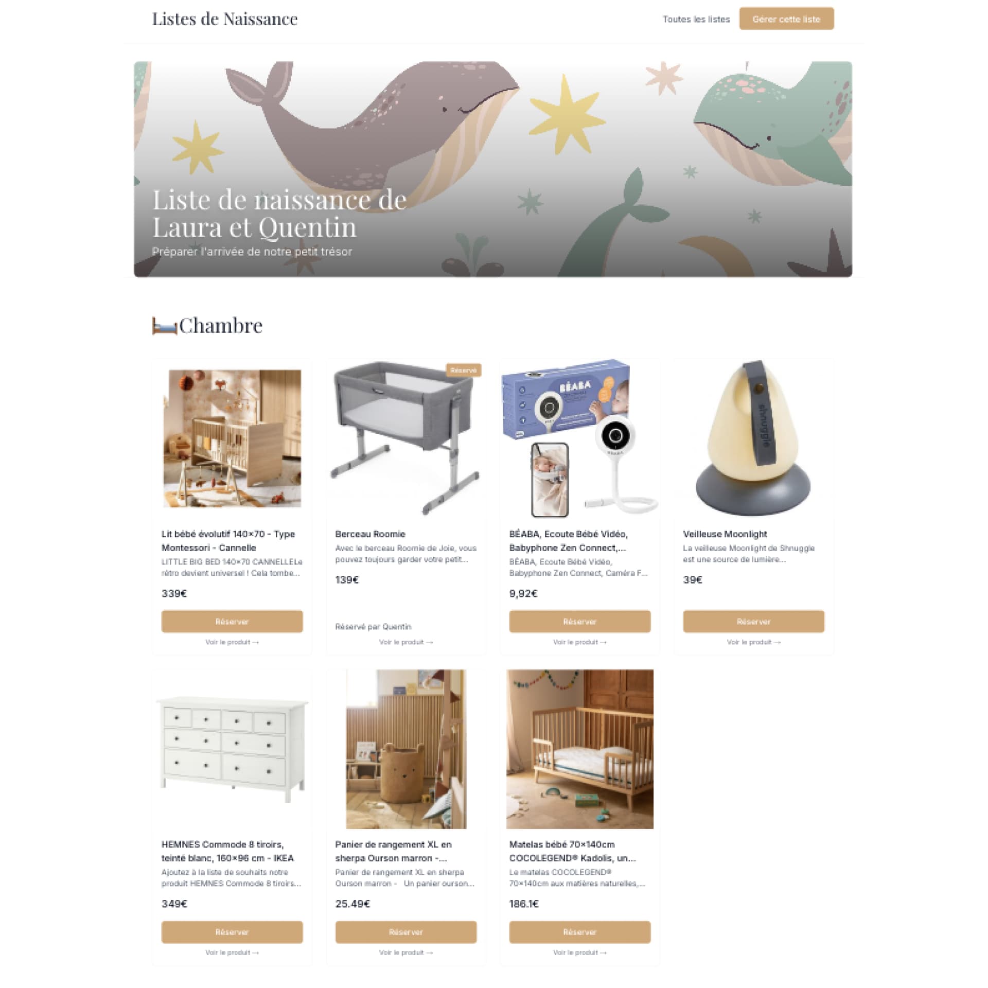 Interface de la plateforme de liste de naissance