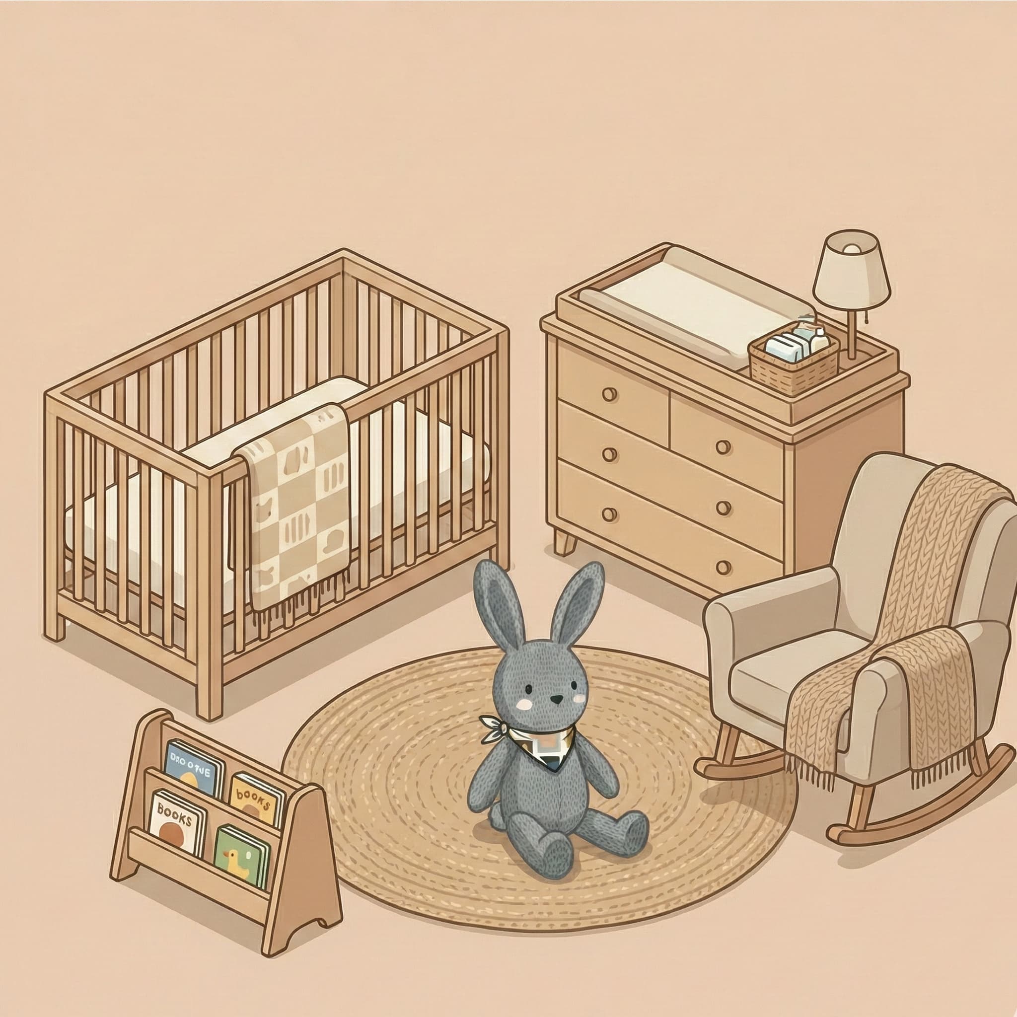 Illustration d'une chambre de bébé avec lit à barreaux, commode et fauteuil