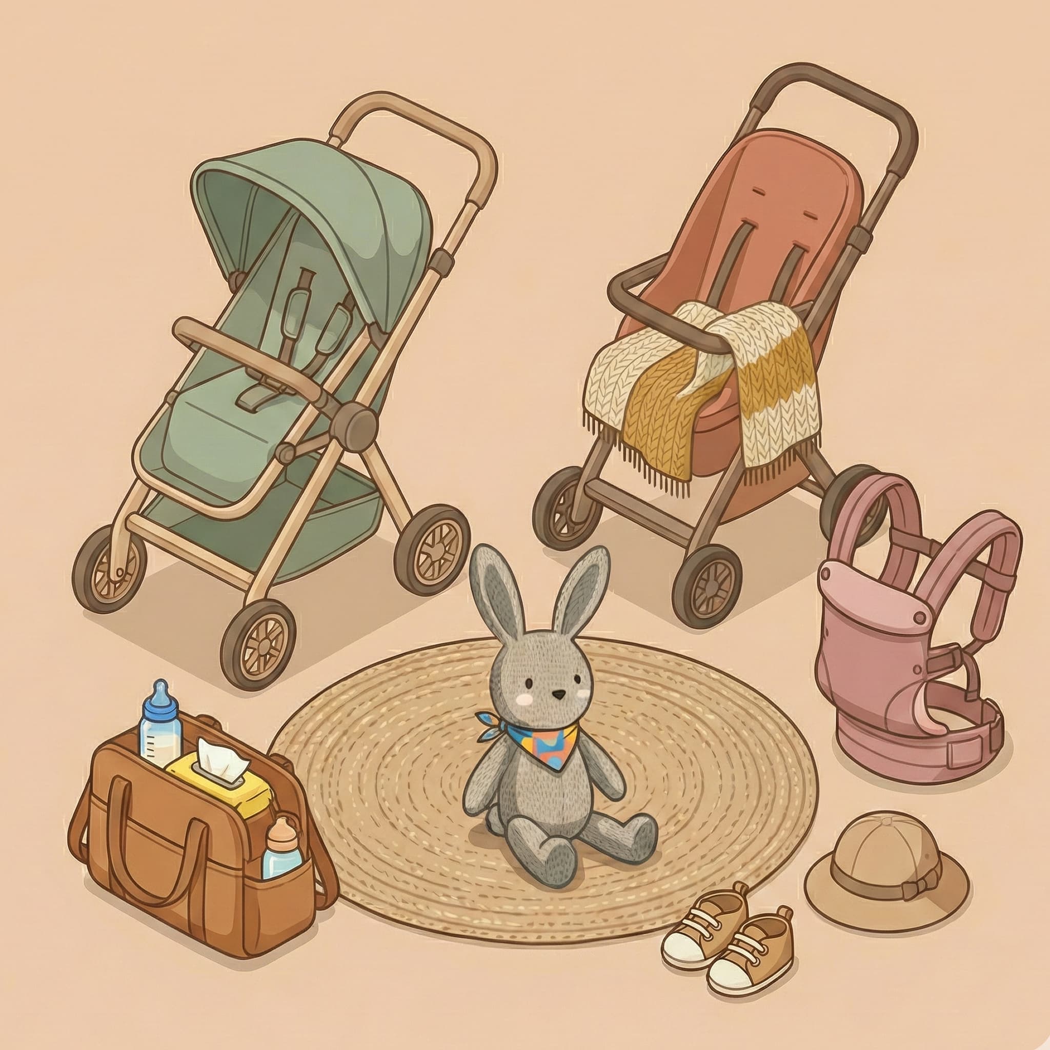 Illustration d'un porte-bébé, de poussettes et d'un sac à langer