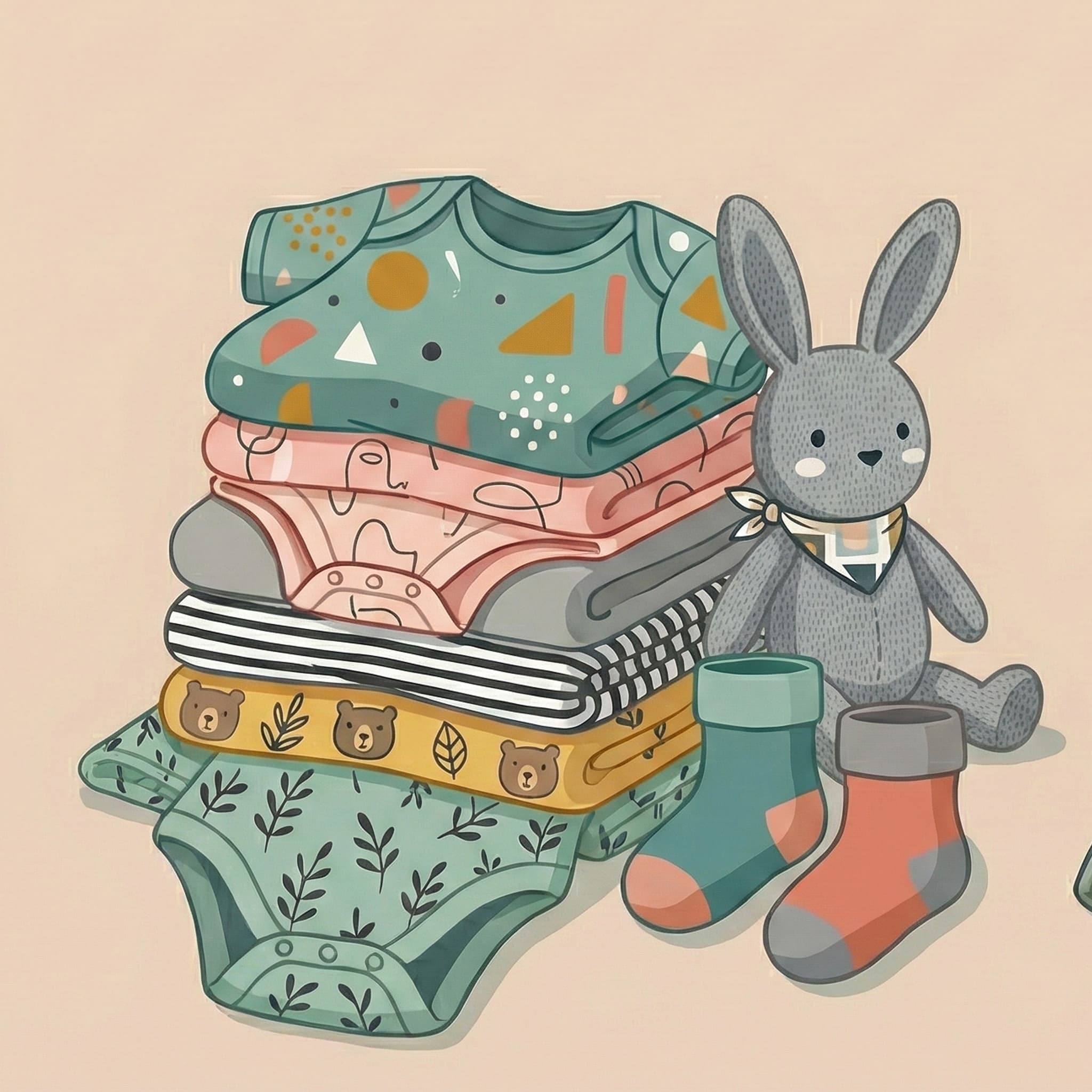 Illustration d'une pile de vêtements de bébé colorés et d'un lapin en peluche